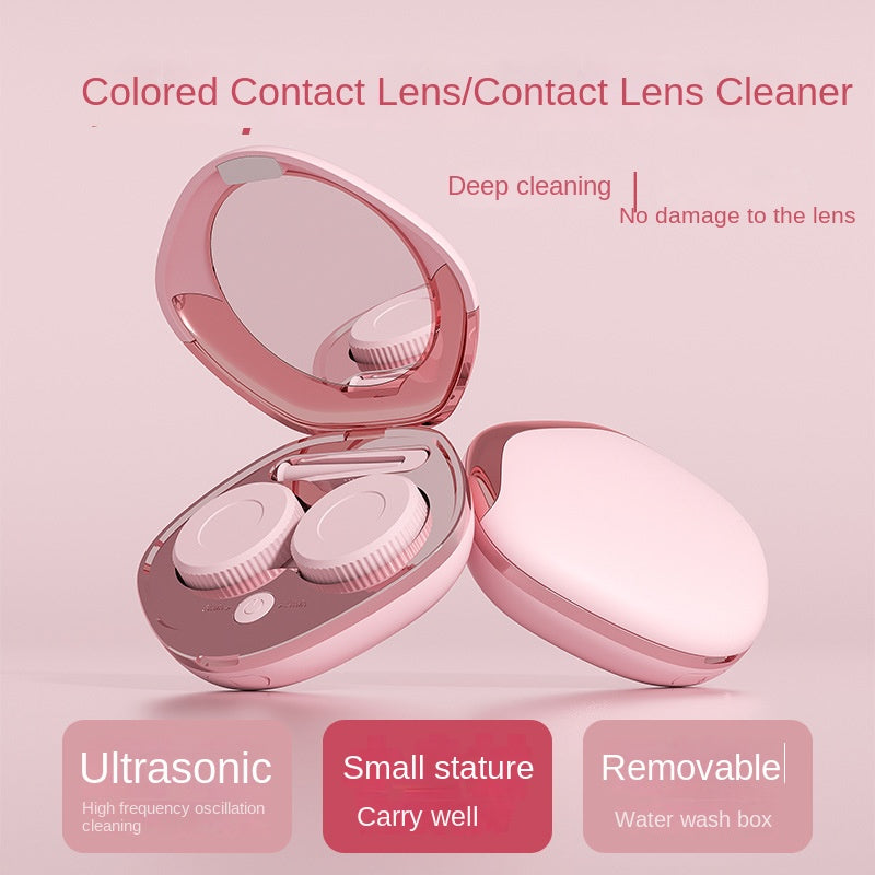 Ultrasonic cleaner, electric portable contact lens, contact lens, replaceable cleaning compartment