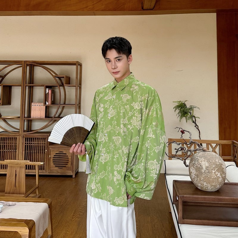 Light brocade jacquard lantern sleeve shirt for men new Tang and Hanfu shirt jacket and top